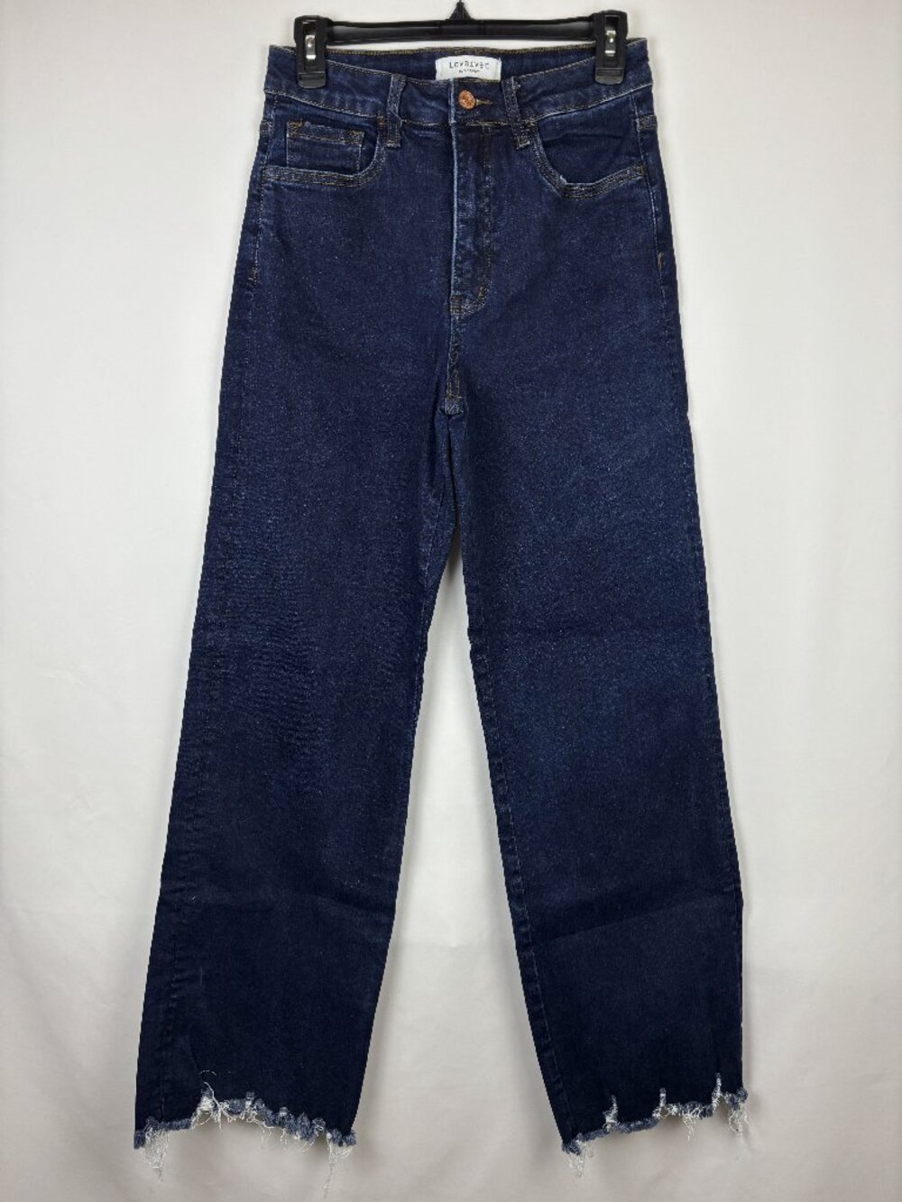28 Lovervet Straight Leg Jeans Dark Blue Wash Denim Pants Distressed Raw Hem